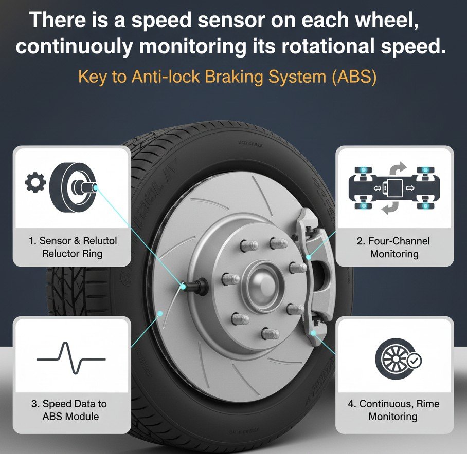 There is a speed sensor on each wheel, continuously monitoring its rotational speed.