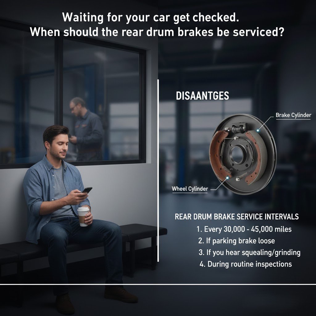 Waiting for your car to get checked. When should the rear drum brakes be serviced?